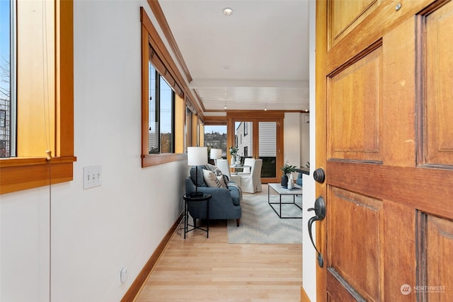 foyer entrance with light hardwood / wood-style flooring