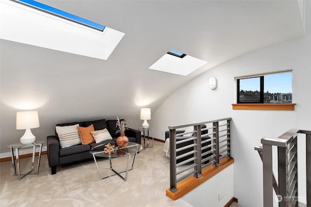 living room featuring lofted ceiling with skylight and light carpet