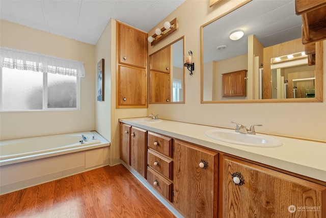 bathroom with wood-type flooring, a bath, and vanity