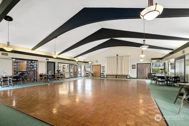 interior space with parquet flooring and lofted ceiling