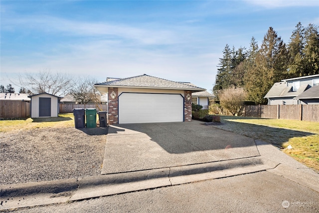 ranch-style house with a garage, a front yard, and a storage shed