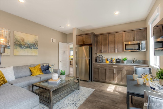 living room with dark hardwood / wood-style flooring and sink