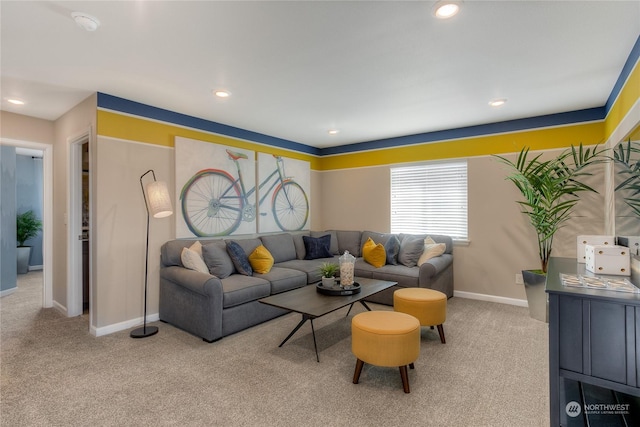 living room with light colored carpet