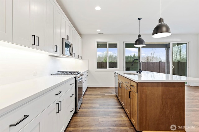 kitchen featuring tasteful backsplash, wood finished floors, light countertops, stainless steel appliances, and a sink