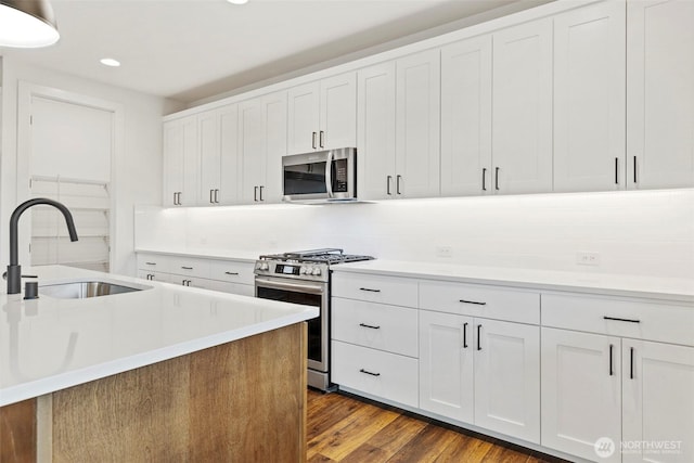 kitchen featuring tasteful backsplash, dark wood-style floors, stainless steel appliances, white cabinetry, and a sink