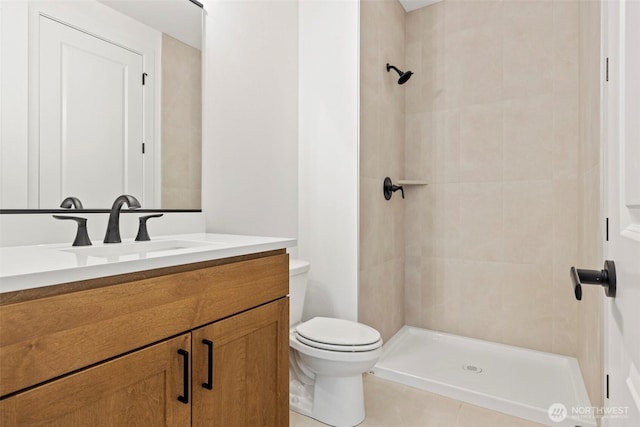 full bathroom with a stall shower, vanity, and toilet