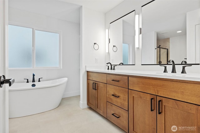 bathroom with a freestanding bath, double vanity, a sink, and a shower stall