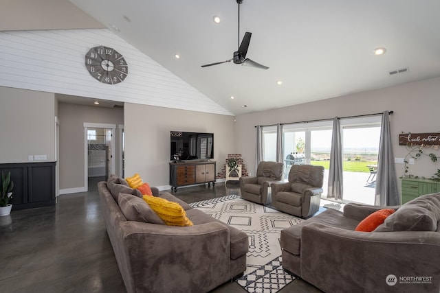 living room with ceiling fan and high vaulted ceiling