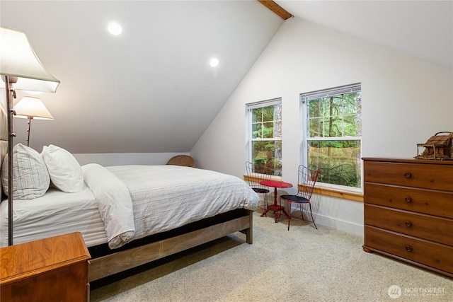 bedroom featuring lofted ceiling with beams, baseboards, carpet, and recessed lighting