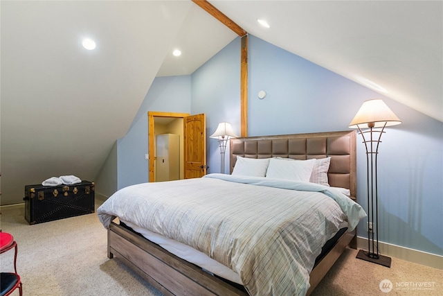 bedroom with carpet flooring, recessed lighting, vaulted ceiling with beams, and baseboards