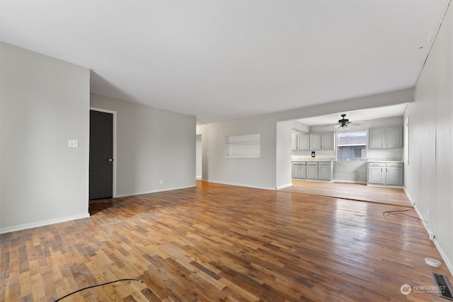 unfurnished living room with light hardwood / wood-style flooring and ceiling fan