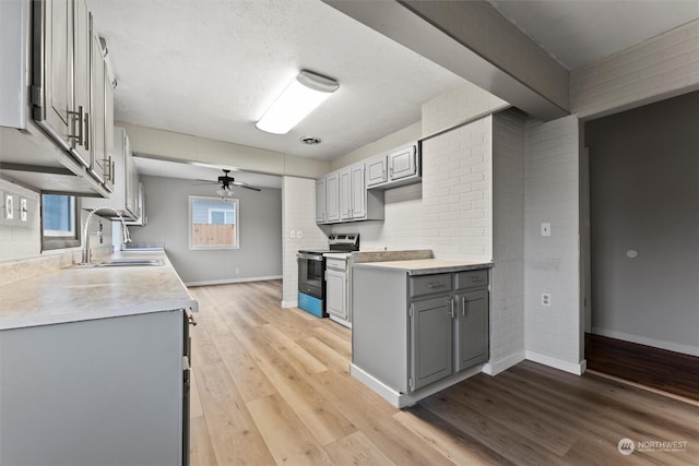 kitchen featuring gray cabinetry, ceiling fan, sink, light hardwood / wood-style flooring, and stainless steel electric stove