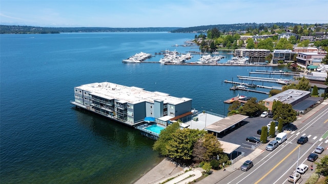 drone / aerial view featuring a water view