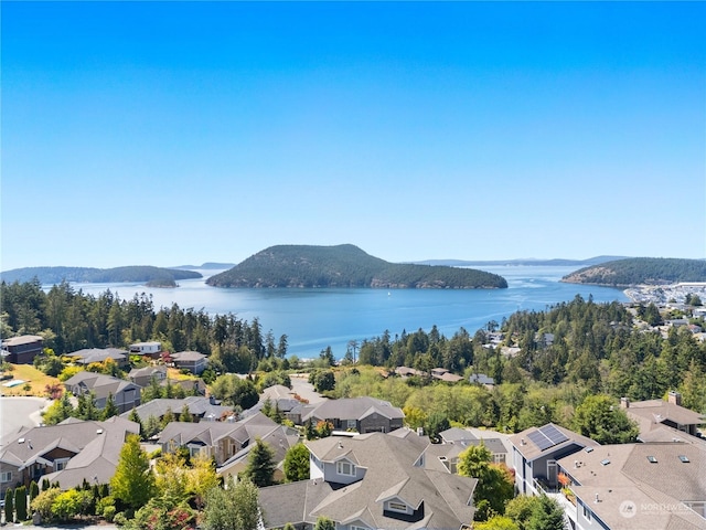 drone / aerial view with a water and mountain view