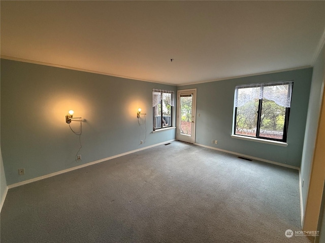 carpeted empty room featuring crown molding and plenty of natural light