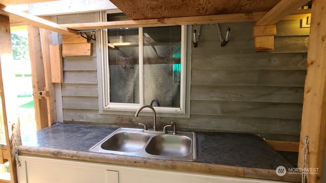 kitchen featuring white cabinets, wood walls, and sink