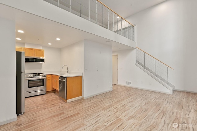 kitchen with light wood-type flooring, a towering ceiling, sink, and appliances with stainless steel finishes