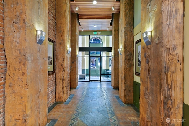 corridor featuring wood ceiling