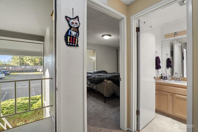 hallway with plenty of natural light, sink, light carpet, and a textured ceiling