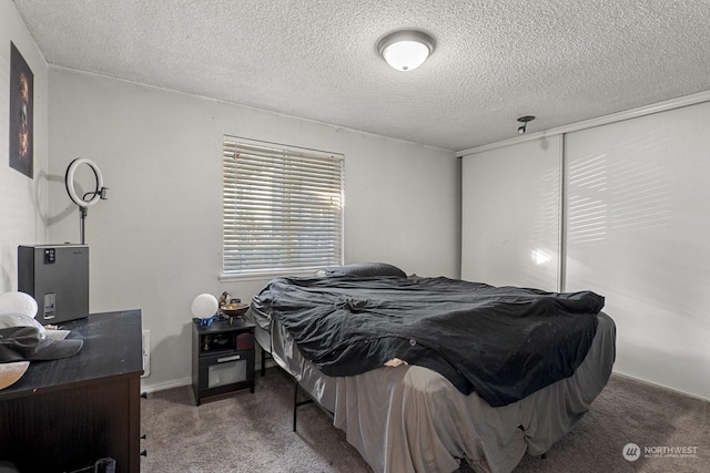 bedroom featuring carpet floors, a textured ceiling, and a closet