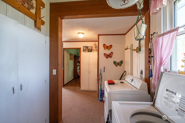 laundry area with crown molding, washing machine and dryer, light colored carpet, and a textured ceiling