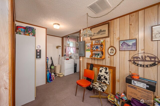 interior space with electric panel, wood walls, carpet floors, a textured ceiling, and ornamental molding