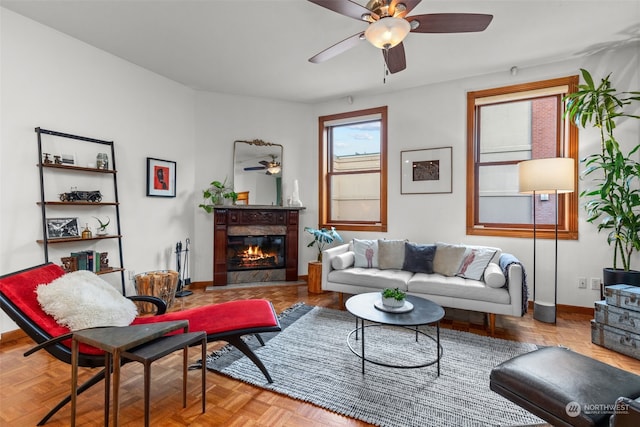 living room with light parquet floors