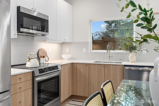 kitchen featuring backsplash, white cabinetry, sink, and appliances with stainless steel finishes