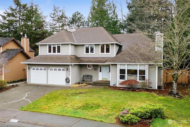 view of front facade with a garage and a front lawn