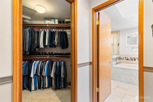 spacious closet featuring light colored carpet