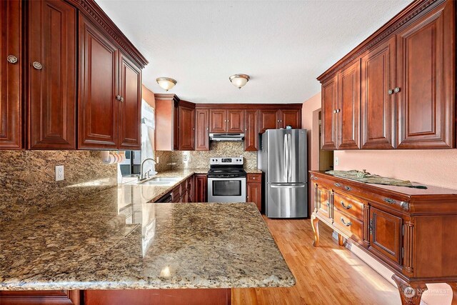 kitchen with kitchen peninsula, backsplash, stainless steel appliances, sink, and light hardwood / wood-style floors