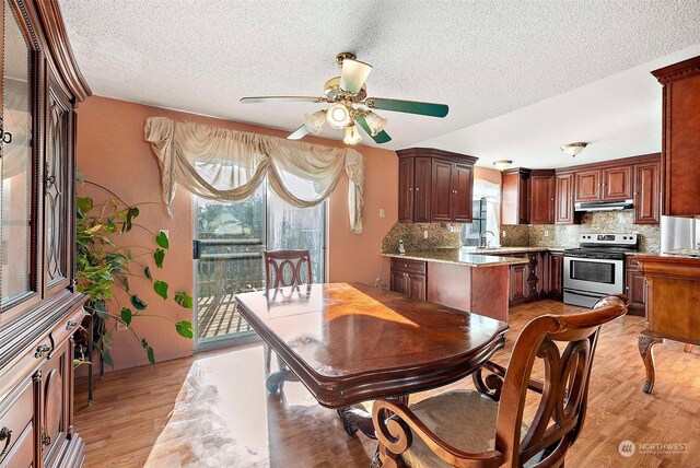 dining area featuring a wealth of natural light, ceiling fan, and light hardwood / wood-style floors