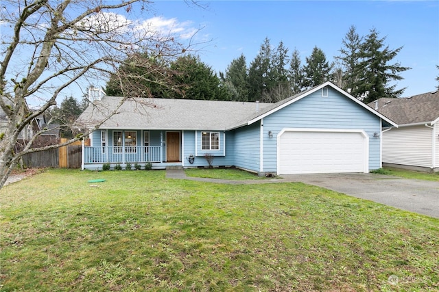 single story home with covered porch, a front yard, and a garage