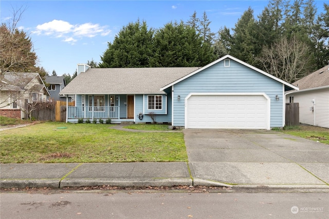 single story home with a porch, a garage, and a front lawn