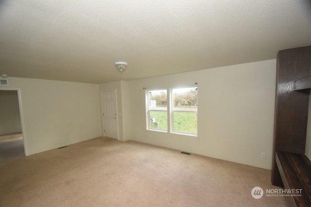 unfurnished room featuring light colored carpet and a textured ceiling