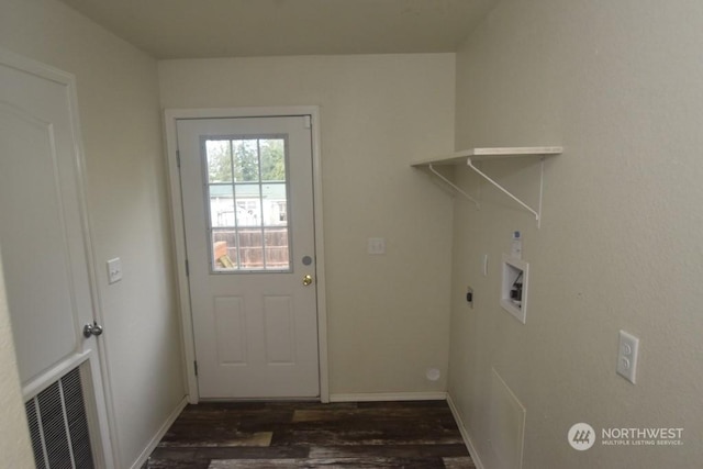 laundry area with hookup for an electric dryer, washer hookup, and dark hardwood / wood-style flooring