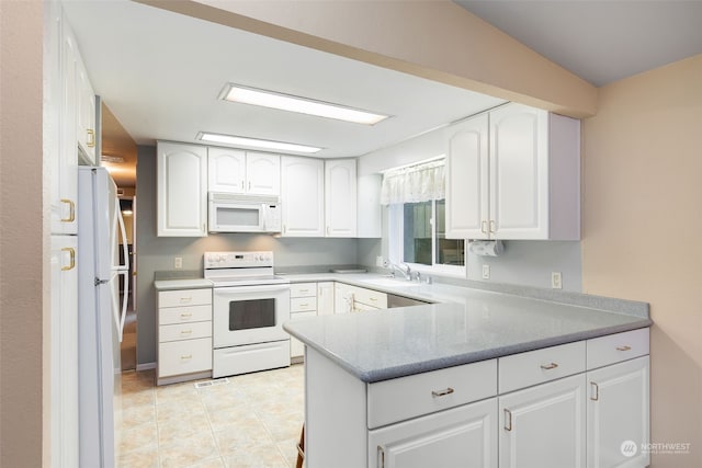 kitchen featuring kitchen peninsula, sink, white cabinets, and white appliances