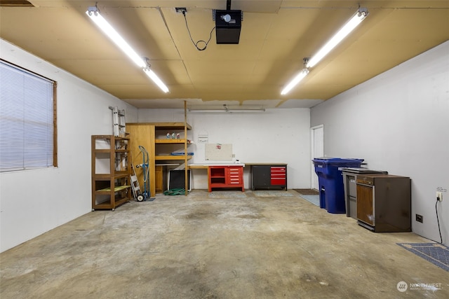 garage featuring a workshop area and a garage door opener