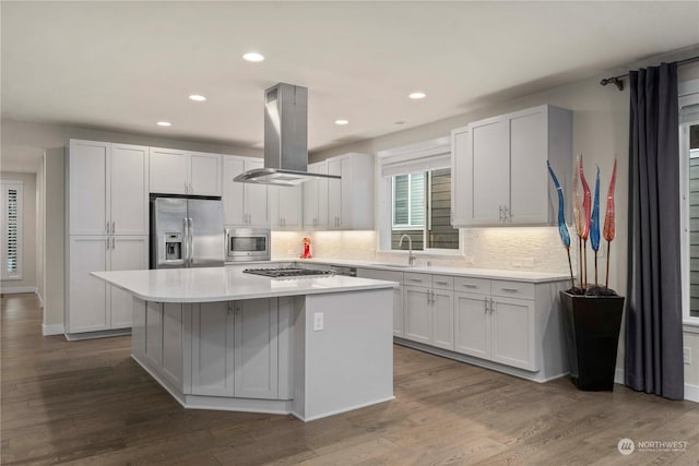 kitchen featuring island exhaust hood, appliances with stainless steel finishes, sink, hardwood / wood-style flooring, and a kitchen island