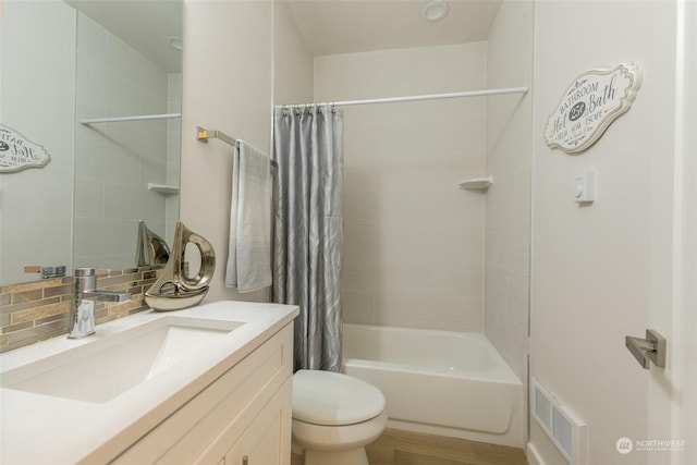 full bathroom with toilet, vanity, shower / bathtub combination with curtain, hardwood / wood-style flooring, and decorative backsplash