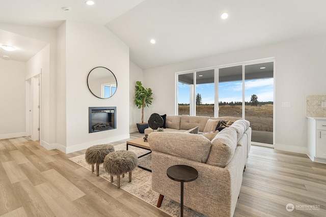 living room with light hardwood / wood-style flooring and vaulted ceiling