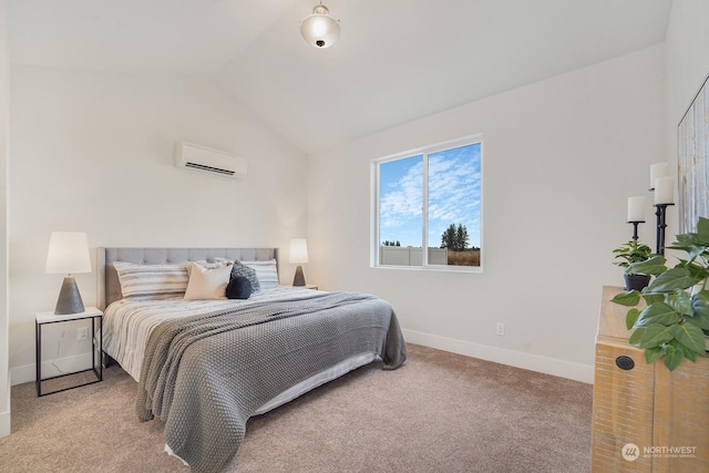 carpeted bedroom with a wall mounted AC and vaulted ceiling