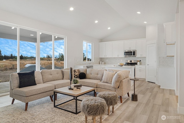 living room with high vaulted ceiling and light hardwood / wood-style flooring