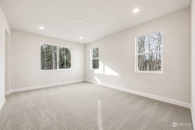 unfurnished room featuring light colored carpet and plenty of natural light