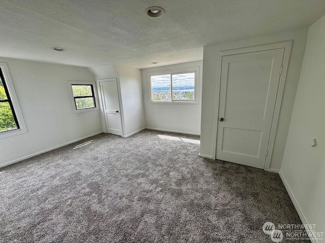 empty room with a textured ceiling, carpet floors, and lofted ceiling