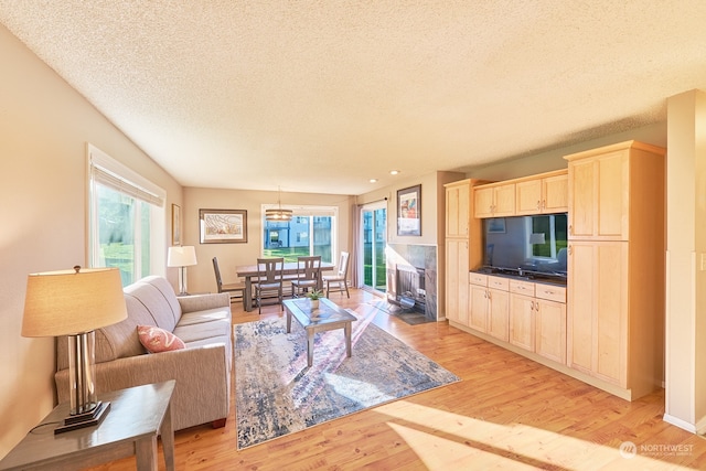 living room with a textured ceiling and light wood-type flooring