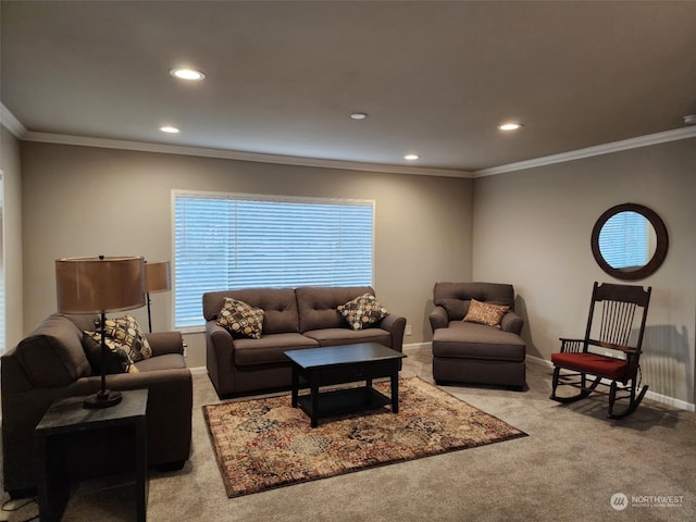 carpeted living room with ornamental molding