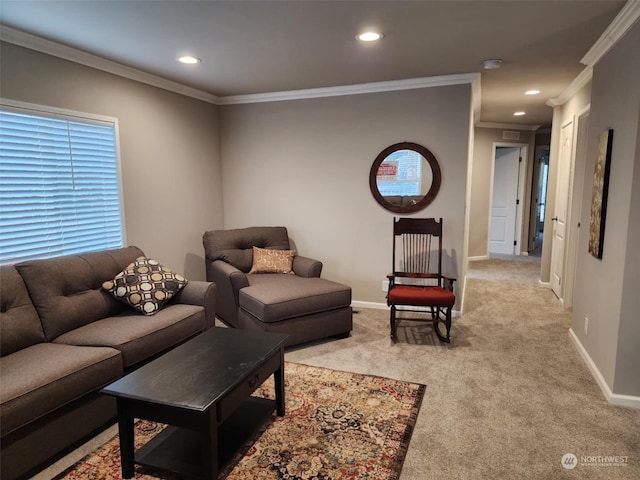 living room with light colored carpet and crown molding