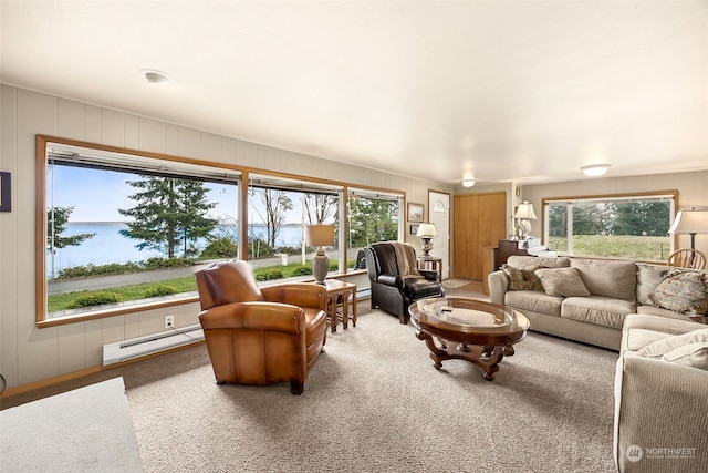 living room with carpet, a wealth of natural light, and a baseboard radiator