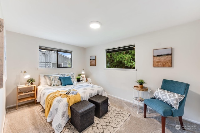 bedroom featuring light carpet